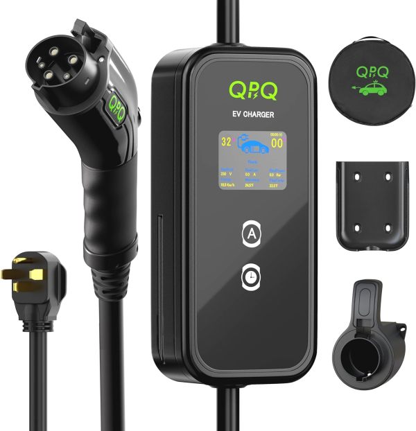 QPQ Level 1-2 EV Charger 32Amp Portable Level 1&2 EV Charger for Home Level 2 Electric Car Charger with 25FT NEMA 14-50 Plug-in Electric Vehicle Charging Stations