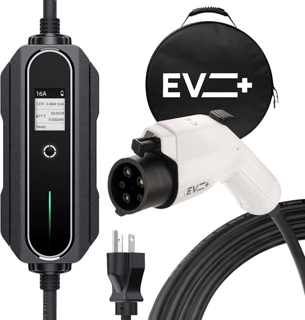 EV+ Level 2 EV Charger, 16A Portable Electric Vehicle Charging Station, SAE J1772 EV Charging Cable 25-Ft with NEMA 6-20 Plug, EVSE Travel Case, Home EV Charging Station