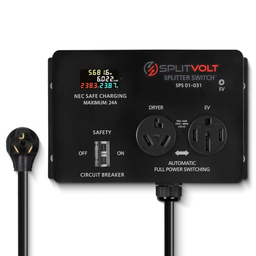 24 Amp Splitter Switch - Save Thousands on Home Electric Vehicle Charging (EV) Install, Automatic Power Switching Between Dryer and EV (NEMA 10-30 Plug to 10-30/14-50 Outlet, 240V)