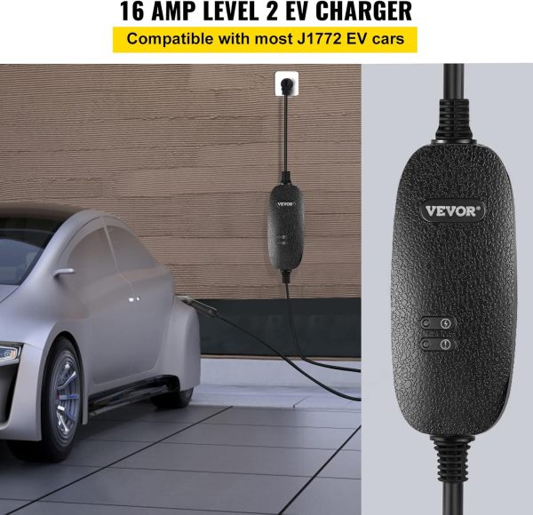 VEVOR LEVEL2 16A Amp 110V-240V 3.84 kW, Portable Electric Vehicle Charger with 25 ft Charging Cable NEMA 6-20 Plug, SAE J1772 Standard Plug-in Home EV Charging Station for Electric Cars