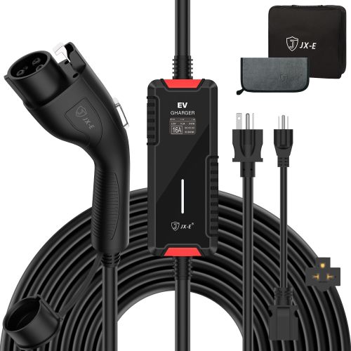 JX-E Level 1&2 EV Charger, Portable Level 2 Electric Vehicle Charger with 25FT Cable Home EV Charging Sation for All SAE J1772 EVs, NEMA 6-20 & NEMA 5-15 Plug, 16Amp, 110V-240V