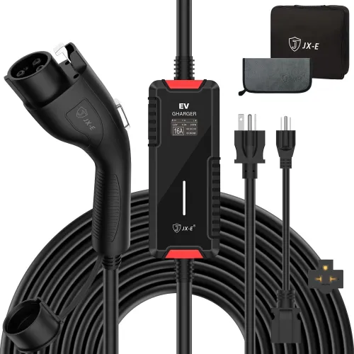 JX-E Level 1&2 EV Charger, Portable Level 2 Electric Vehicle Charger with 25FT Cable Home EV Charging Sation for All SAE J1772 EVs, NEMA 6-20 & NEMA 5-15 Plug, 16Amp, 110V-240V