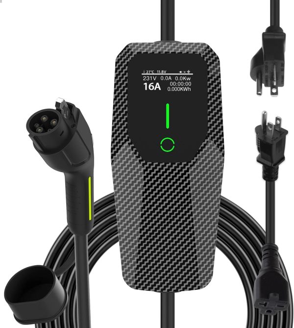 Level 1-2 Electric Vehicle Charging Cable 3.6KW 16A EV Portable Charger 20ft Cable NEMA 6-20/5-15 Plug Current Adjustable EV & Plug-in Hybrid Car Charger for SAE_J1772