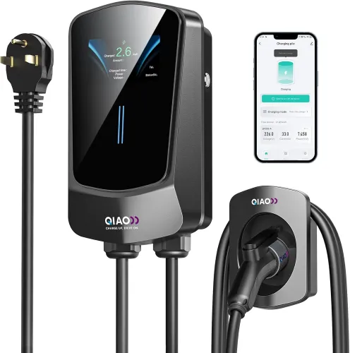 QIAO Level 2 EV Charger, Max 48A 240V 11.5KW, Wi-Fi Bluetooth APP Enabled EVSE,4.3 Inch Display,25ft Cable,NEMA 6-50 Plug Electric Vehicle Charging Station Compatible with All SAE J1772 EV Models