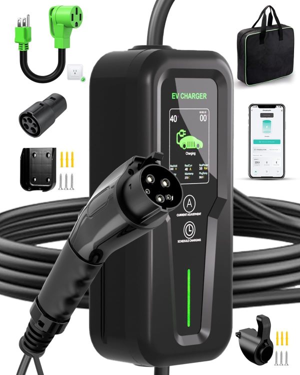 Portable Level 1&2 EV Charger (240V,40A,9.6KW) Current Adjustable with 25ft Charging Cable and NEMA 14-50 for SAE-J1772 Electric Vehicles and for Tesla, Reservation Charging Function WiFi Enabled