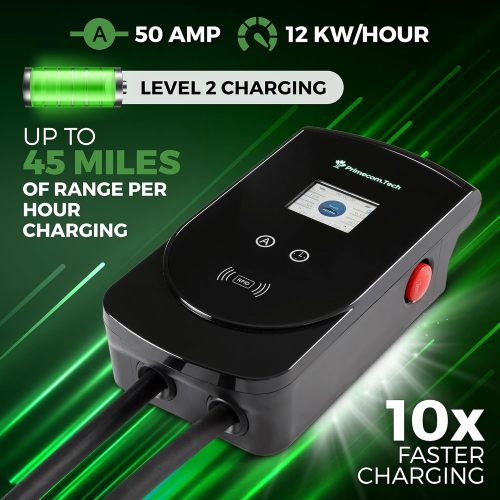 50 Amp - PRIMECOM.TECH Level-2 Smart Electric Vehicle Home Charging Station 220 Volt for Tesla and All EV Brands 30' Feet Length (30 Feet, Hardwire)