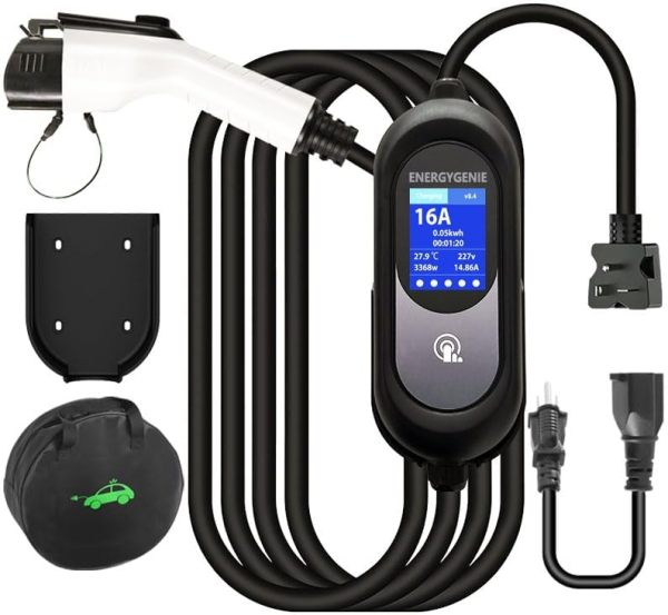 EV Charger Level 1+2, 16Amp 110V/240V Portable Level 1 Level 2 Electric Vehicle Charging Station with NEMA 6-20 Plug & NEMA 5-15 Adapter for J1772 Electric Cars