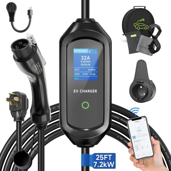 2024 Level 2 EV Charger[32Amp 7.2kW 110V-240V], 25FT Electric Vehicle Charger WiFi Enabled, Portable Electric Vehicle Charging Stations with NEMA 14-50 Plug & 5-15 Adapter