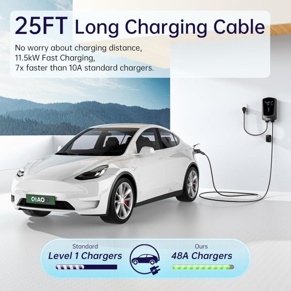 Level 2 EV Charger, Max 48A 240V 11.5KW, Wi-Fi Bluetooth APP Enabled EVSE,4.3 Inch Display,25ft Cable,NEMA 14-50 Plug Electric Vehicle Charging Station Compatible with All SAE J1772 EV Models