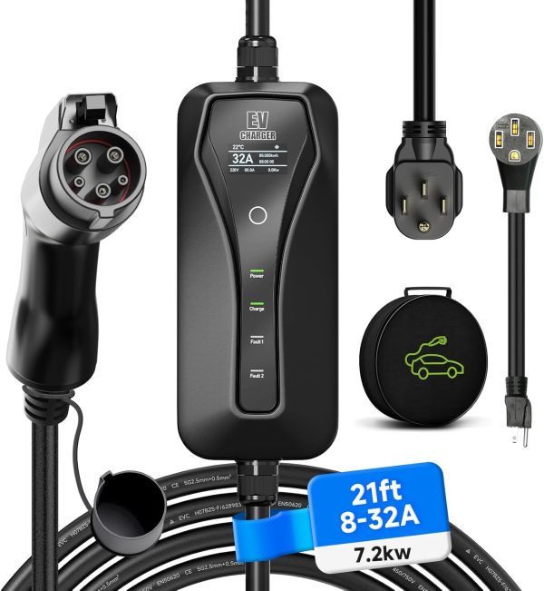 2024 Level 2 EV Charger[32A 7.2kW 110V-240V], Portable EV Charger Level 2 with NEMA 14-50P&5-15 Adapter, 32A/16A/13A/10A/8A Adjustable & Delay Charge 1-15H Electric Vehicle Charging Stations
