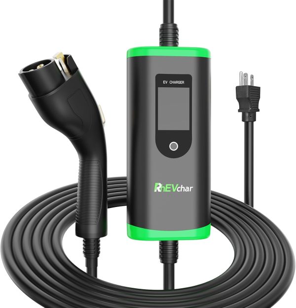 EV Charger Level 1+2, Mobile SAE J1772 Electric Vehicle Charging Station with NEMA 6-20 Plug and 5-15 Adapter 25 FT Cable, Portable 110V/240V 16A Adjustable Car Charger Equipment for All EVs