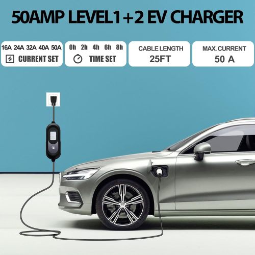 Level 2 EV Charger (50 Amp, 240V, NEMA 14-50P) with 25FT Cord, Adjustable Portable Electric Vehicle Charging Station for SAE J1772 Cars, Fast and Convenient for Indoor/Outdoor, UL Certified
