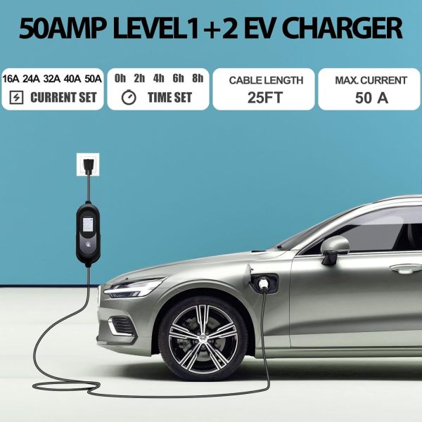 Level 2 EV Charger (50 Amp, 240V, NEMA 14-50P) with 25FT Cord, Adjustable Portable Electric Vehicle Charging Station for SAE J1772 Cars, Fast and Convenient for Indoor/Outdoor, UL Certified