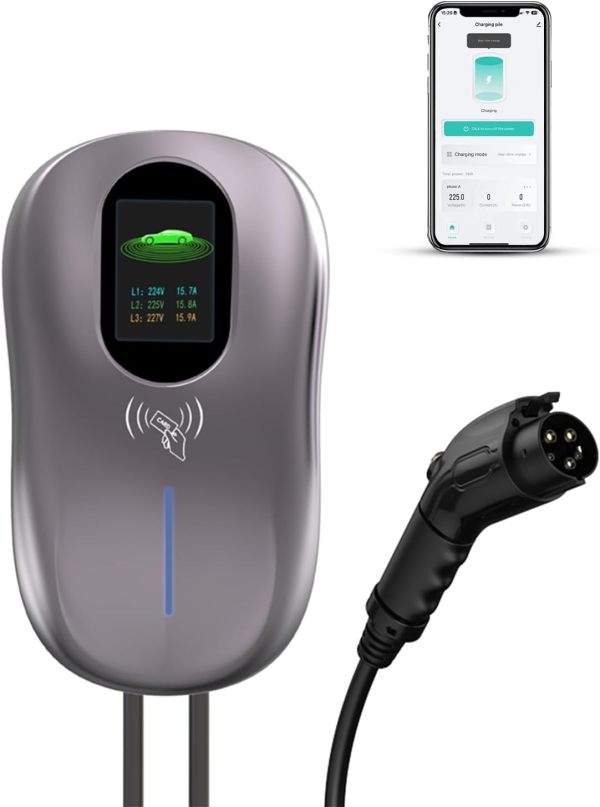 Level 2 EV Charger 48 Amp - 4.3inch Smart Display, RFID Card, 25ft Cable, Outdoor/Indoor, Hardwired EV Charger Level 2, WiFi Enabled Electric Car Charger, 240V Electric Vehicle Charging Stations