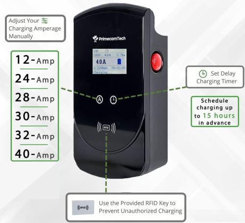 PRIMECOM 40 / 32Amp Smart Electric Vehicle EV Wall Charging Station - Level 2 EVSE- 220/240 Volt- 40/32 Amp Electric Car Charger, Plug-in 25 ft Wall-Charger (25 Feet, NEMA 14-50)