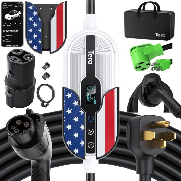 Tera Portable Electric Vehicle Charger: 7.6KW Type 2 EV Charger with 32 Amps 240V Adjustable Current 7m Charging Cable with Holder CEE 3-Phase Plug