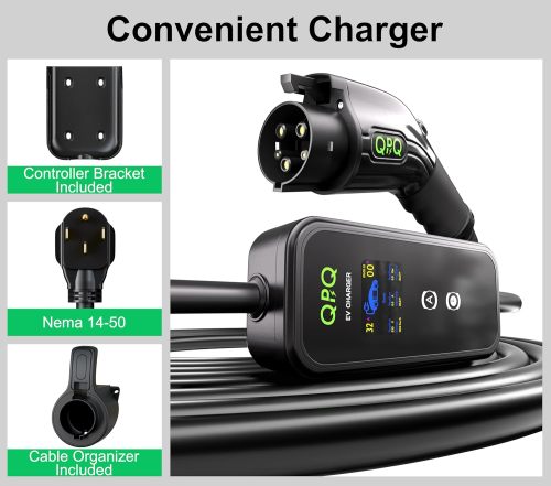 QPQ Level 1-2 EV Charger 32Amp Portable Level 1&2 EV Charger for Home Level 2 Electric Car Charger with 25FT NEMA 14-50 Plug-in Electric Vehicle Charging Stations