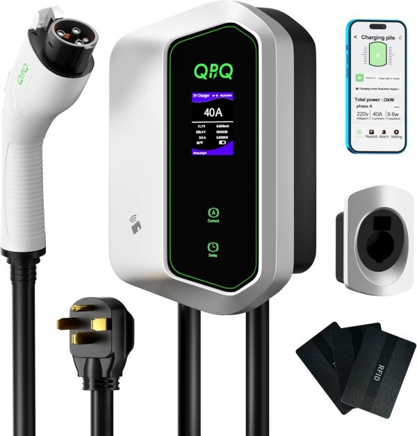 QPQ Level 2 EV Charger 40 Amp 240V EV Charger for Home Level 2, EV Car Charger with NEMA 14-50 Plug 25FT Cable, Swipe Card or Smart App Wall Electric Vehicle Charging Stations for J1772 Indoor/Outdoor