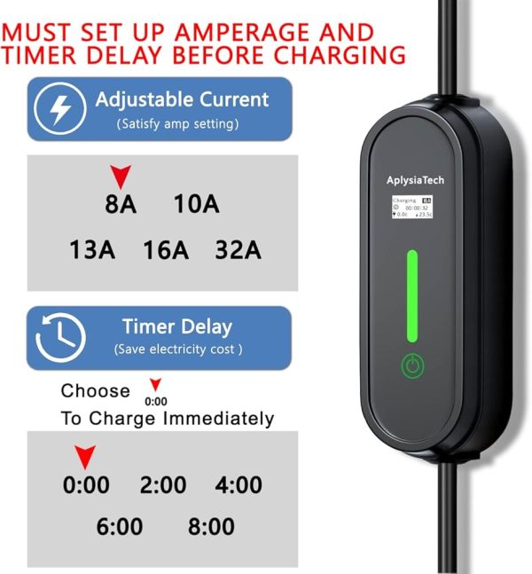 Level 2 EV Charger,Max 7.68KW, 21FT Portable EVSE,J1772 Charger, 8/10/13/16/32A Adjustable Plug-in EV Charger, with NEMA 14-50Plug&NEMA 5-15 Adapter, Home Electric Vehicle Charging Station
