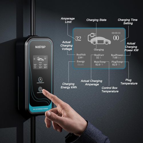 Level 2 Portable EV Charger (32 Amp, 110V-240V, 20ft，NEMA 14-50P),IP65 Waterproof, LCD Screen Electric Vehicle Charger Plug-in EV Charging Station with Delay Function for All J1772 EVs