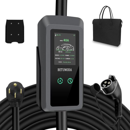 Level 2 EV Charger, 40 Amp, Portable Charger for Home and SAE-J1772, 25ft Cable, 240V, Charging Stations with LED Display, NEMA14-50 Plug Adapter, Current Adjustable. (Tesla Need Adapter)