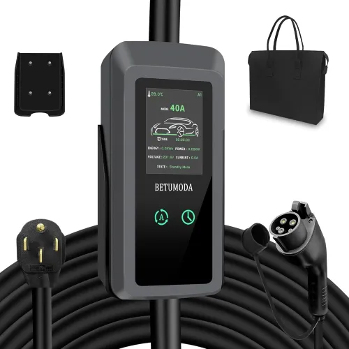 Level 2 EV Charger, 40 Amp, Portable Charger for Home and SAE-J1772, 25ft Cable, 240V, Charging Stations with LED Display, NEMA14-50 Plug Adapter, Current Adjustable. (Tesla Need Adapter)