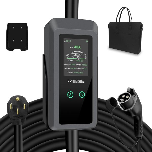 Level 2 EV Charger, 40 Amp, Portable Charger for Home and SAE-J1772, 25ft Cable, 240V, Charging Stations with LED Display, NEMA14-50 Plug Adapter, Current Adjustable. (Tesla Need Adapter)