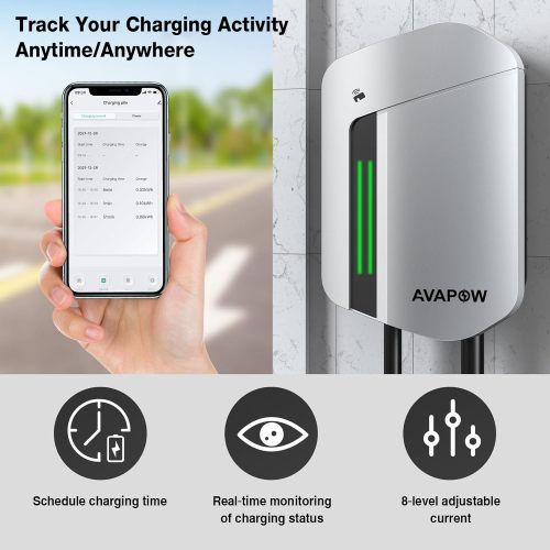 AVAPOW Level 2 EV Charger, Up to 48amp with App Control, 25ft Wall Electric Vehicle Charging, Set Current, Delay Charging, RFID Unlocking, NEMA 14-50 Plug, Electric Car Charger Fit for J1772 EVs
