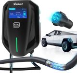 Level 2 240V LED Large Screen Home EV Charger, 32A Current Fast Electric Vehicle Charging Station and Cable, Indoor Outdoor Hardwired Charging Station for Tesla & J1772 Electric Cars