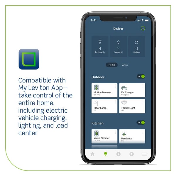 Leviton EV32W Level 2 Smart Electric Vehicle (EV) Charger with Wi-Fi, 32 Amp, 208/240 VAC, 7.6 kW Output, 18' Cable, Hardwired Charging Station
