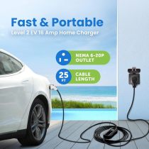 EV+ Level 2 EV Charger, 16A Portable Electric Vehicle Charging Station, SAE J1772 EV Charging Cable 25-Ft with NEMA 6-20 Plug, EVSE Travel Case, Home EV Charging Station