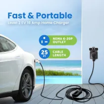 EV+ Level 2 EV Charger, 16A Portable Electric Vehicle Charging Station, SAE J1772 EV Charging Cable 25-Ft with NEMA 6-20 Plug, EVSE Travel Case, Home EV Charging Station