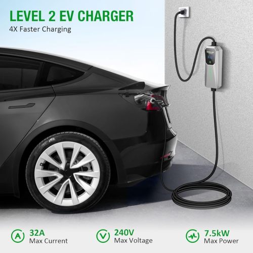 NEMA 14-50 Level 2 EV Charger (32Amp, 240V, 25FT), Wall-Mounted EVSE SAE J1772 EV, Portable Outdoor Electric Vehicle Charger, Adjustable Current/Timing Delay, Plug-in Home EV Charging Station
