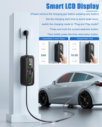 Portable Level 1&2 EV Charger (240V,40A,9.6KW) Current Adjustable with 25ft Charging Cable and NEMA 14-50 for SAE-J1772 Electric Vehicles and for Tesla, Reservation Charging Function WiFi Enabled