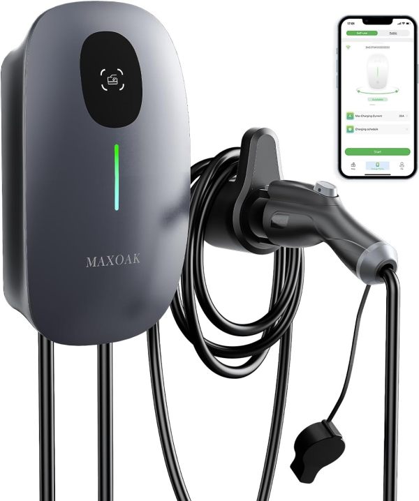 MAXOAK Electric Vehicle Charger - Adjustable 16A to 50A Output Current, Level 2, 240V, Hardwired, CSA Certified & NEMA Type 4, Smart APP Control, Compatible with All EV Brands