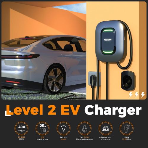 Level 2 EV Charger, TESSAN 40A/ 240V Wall Mount Electric Vehicle Fast Charging Station, ETL FCC Energy Star Certified, NEMA 14-50 Plug, 25ft Cable with Holder for Indoor Outdoor Home