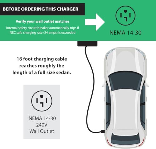 NEMA 14-30 Level 2 Portable EV Charger 24 Amp, 220-240 Volt, 26ft Cable, Electric Vehicle Charger Plug-in EV Charging Station with, J1772 Plug, Fastest 30 Amp Circuit NEC-Safe Charging