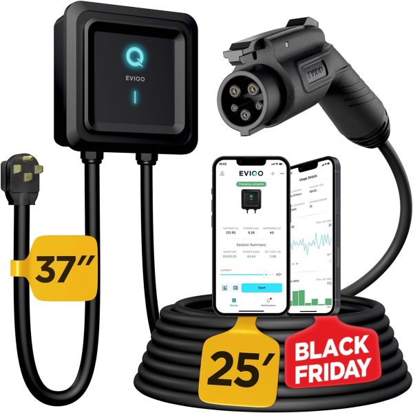 EVIQO Level 2 EV Charger - 48 Amp EV Charger Level 2, 240V Electric Vehicle Charging Stations, EV Level 2 Charger NEMA 14-50/Hardwire EVSE Level 2 Charger, 25' Cord Electric Car Charger Energy Star/UL