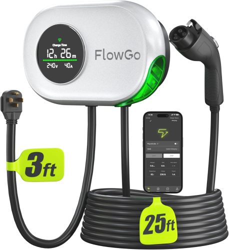 Level 2 EV Charger 40A Smart Electric Car Home Charger Motion-Activated Display 240V with NEMA 14-50 Plug J1772 Connector 25FT Cable APP and WiFi Vehicle Charging Stations ETL Listed