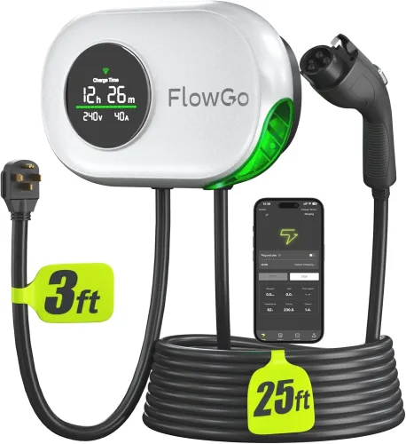 Level 2 EV Charger 40A Smart Electric Car Home Charger Motion-Activated Display 240V with NEMA 14-50 Plug J1772 Connector 25FT Cable APP and WiFi Vehicle Charging Stations ETL Listed
