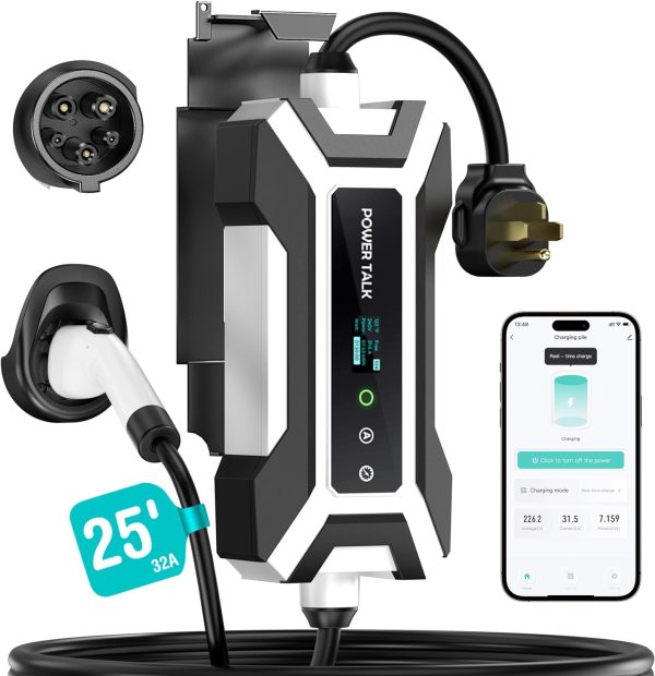 Electric Vehicle Charger Level 2 J1772 Portable EV Charger 32A 16A 240V ETL NEMA14-50 Plug Fast EV Car Charging Station with Wi-Fi 25ft Cable Holder