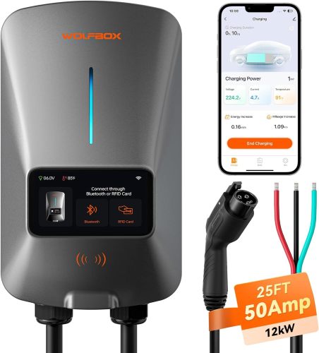 WOLFBOX Level 2 EV Charger 50 Amp - Smart Display, RFID Card, 25ft Cable, Outdoor/Indoor, Hardwired EV Charger Level 2, WiFi Enabled Electric Car Charger, 240V Electric Vehicle Charging Stations