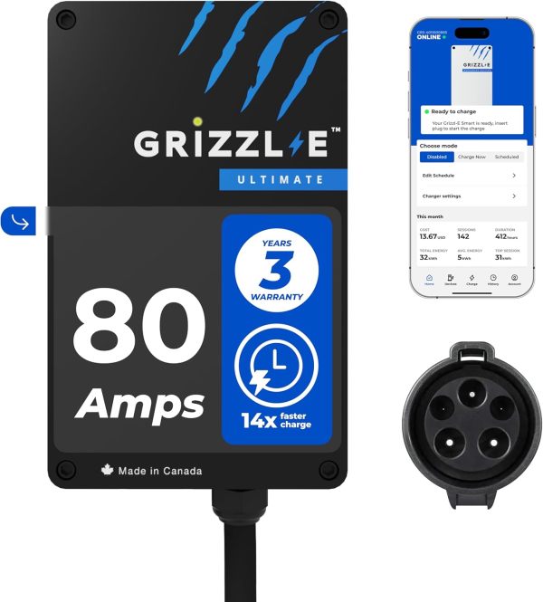 Grizzl-E Ultimate Level 2 Fastest 80A / 19.2 kW Electric Vehicle (EV) Charger, UL Tested and Certified, Metal Case, Indoor/Outdoor Electric Car Fast Charging Station, Hardwired, Classic Black, J1772