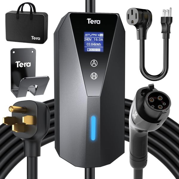 Tera Electric Vehicle Charger Portable: Level 2 & 1 J1772 16A 8A 110V 240V ETL NEMA 14-50 Plug Indoor & Outdoor EV Charging Station with NEMA 5-15 Adapter Cord 23FT Cable P02