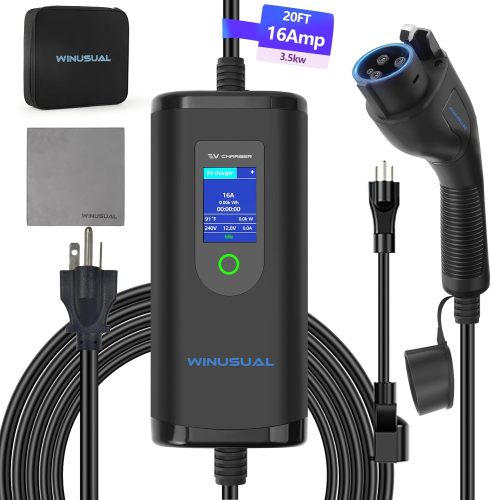 Portable Level 1 & 2 EV Charger,16A 110-240V with Fix Time Charge, 20FT Cable, NEMA 6-20 Plug and NEMA 5-15 Adapter, SAE J1772 EV Electric car Charger, Current Adjustable(NOT for Tesla)