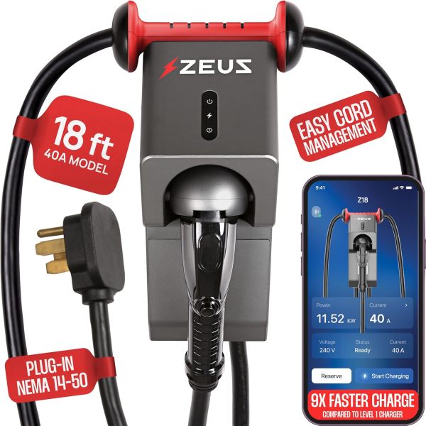 Zeus Level 2 EV Charger - Electric Vehicle Charging Equipment Compatible w/All EV Models - Fast J1772 EVSE Level 2 Charger 40 Amp - NEMA 14-50 240V EV Home Charger - IP65 Water & Dust Resistant