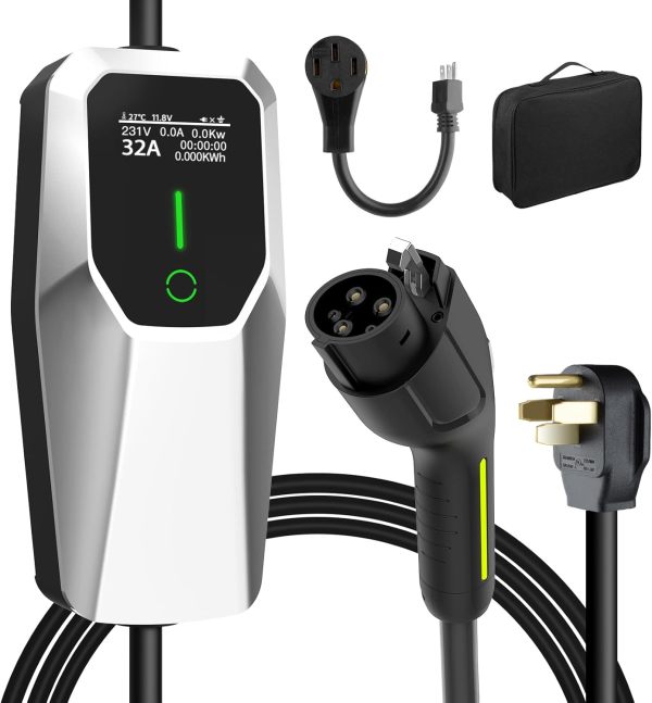 Level 1 2 Electric Vehicle Charger 26ft EV Portable Charging Cable with NEMA 14-50/5-15 Plug 7.68Kw 32A Current Adjustable EV & Plug-in Hybrid Car Charger for SAE_J1772