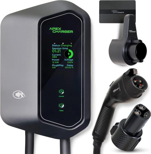 MACH I: Fast 48 Amp Level 2 EV Charger, Wall-Mount Electric Vehicle Charging Station, 200-240V Hardwire or NEMA 14-50. J1772 car Connector & Tesla NACS, Indoor/Outdoor, 30ft Cable evse Adapter