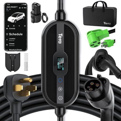 Tera Electric Vehicle Charger for Tesla: Level 1 & 2 J1772 32A 8A 110V 240V ETL Energy Star Wall Connector Dual Use EV Portable NEMA 14-50 & 5-15 Wi-Fi Enabled 25FT Cable with Holder P01