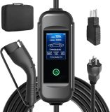 Level1- Level2(16/13/10/8 Amps Adjustable) Portable EV Charger with LED Display 110-240 Volts,25ft Cable,SAE J1772 Standard NEMA6-20 Plug and NEMA 5-15 Plug Conversion Adapter Portable Cable Box